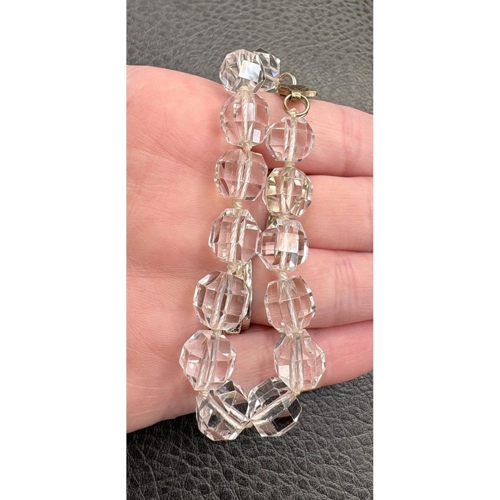Vintage Art Deco Clear Faceted Rock Crystal Bead Bracelet Sterling Lobster Clasp